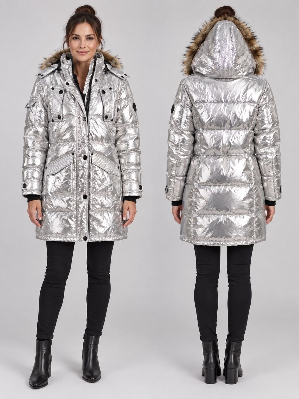Medium - Women's Metallic Silver Quilted Hooded Puffer Coat with Faux-Fur Trim